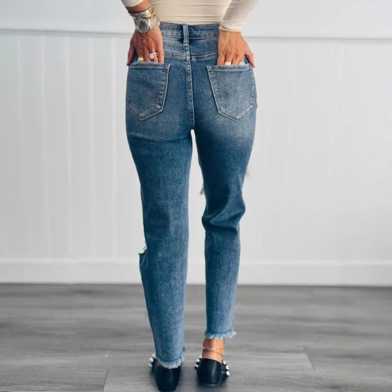 Women's Denim Pants with Mid Waist Washed and Polished White Distressed Pockets, Spring and Summer Temperament, Cropped Shorts