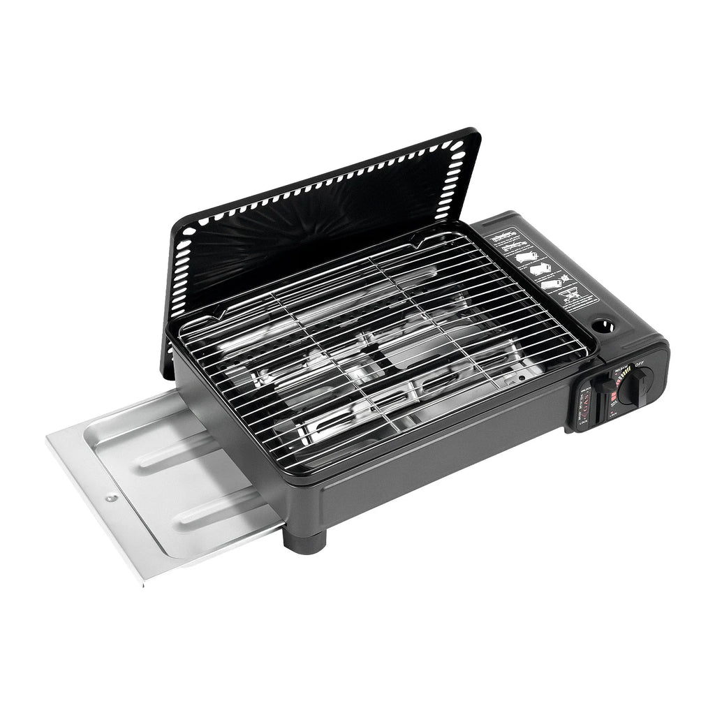Portable Butane Gas Grill Stove Dual Inlets Adjustable Firepower with Carrying Case Grill Net for Camping Outdoor Use