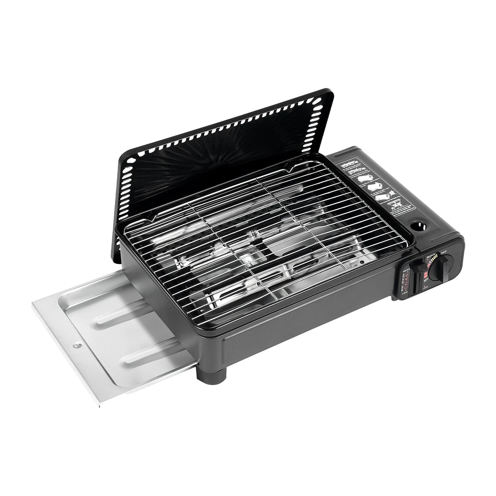 Portable Butane Gas Grill Stove Dual Inlets Adjustable Firepower with Carrying Case Grill Net for Camping Outdoor Use