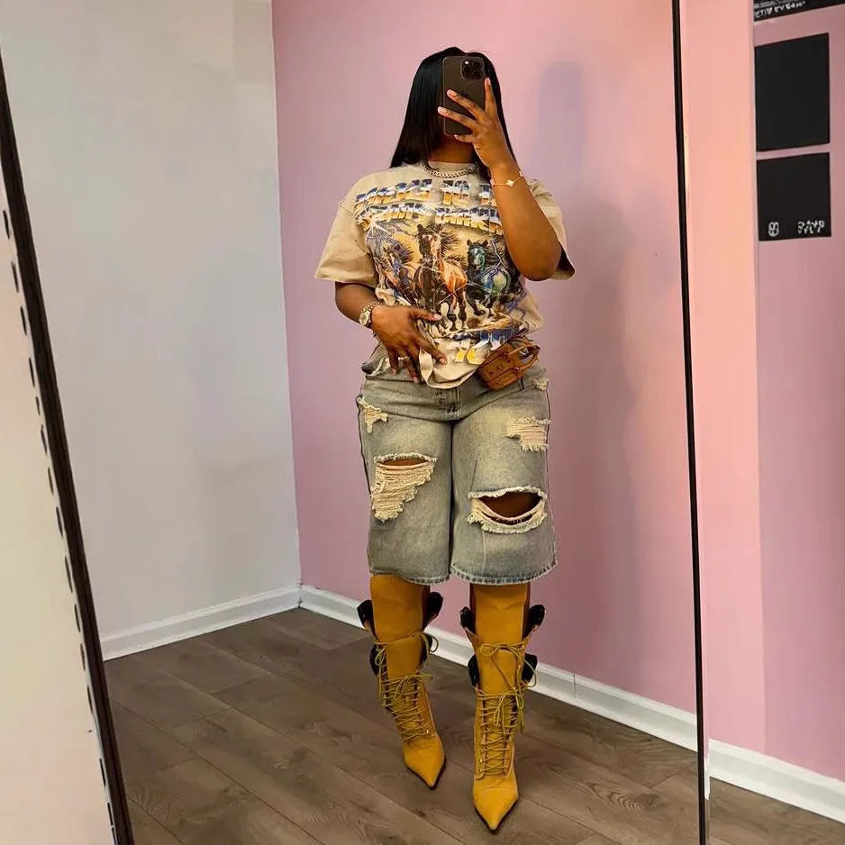 Europe America Summer New High-waisted Loose, Vintage, Ripped Denim Mid-length Straight-leg Wide-leg Pants. Casual Denim Shorts