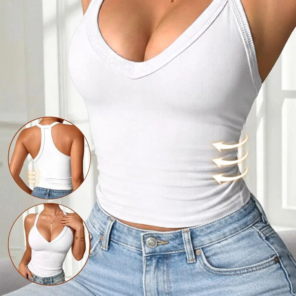 Creative Solid Color Women Vest Built in Bra V-neck Design Lady Tanks Top Slimming Breathable Crop Vest Tops Four Seasons