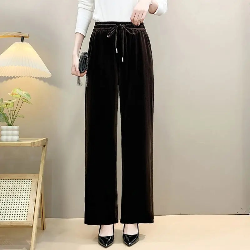Women Drawstring High Waist Velvet Wide Leg Long Pants