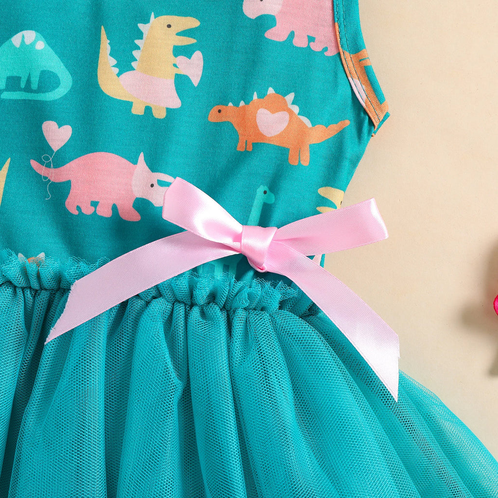 Summer 1-5 Years Little Girl Princess Dress Clothing Baby Girl Sleeveless Dinosaur Print Mesh Dress For Kids Girl Party