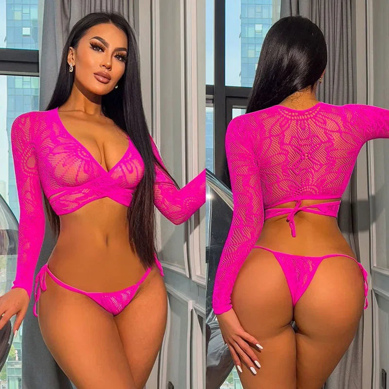 Ladies Sexy Lace See-through Bikini Set Low-cut Strapless Seductive Sleepwear Tempting Lingerie Ensemble for Women