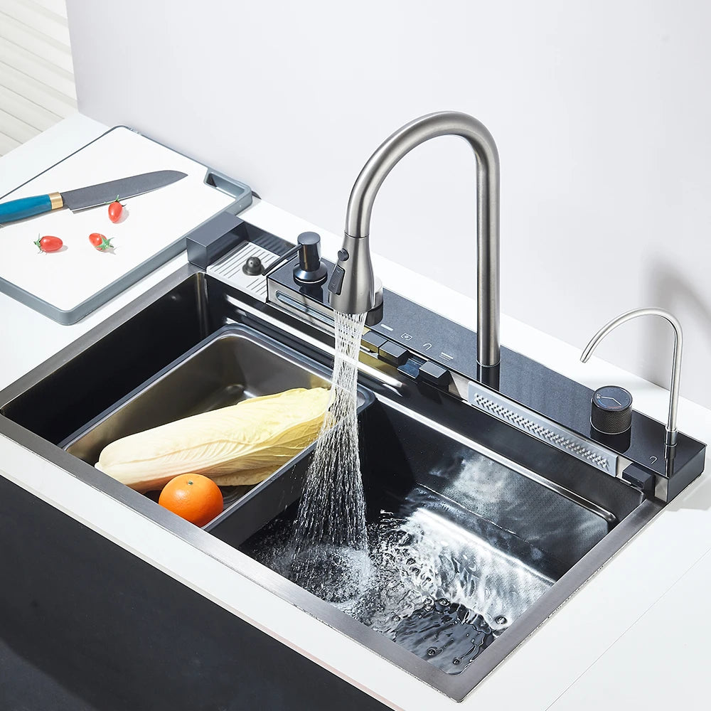 304 Stainless Steel Waterfall Kitchen Sink Large Single Slot Integrated Digital Display Faucet Set Soap Dispenser Cup Washer