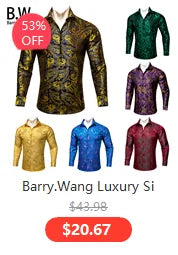 Barry.Wang Luxury Silk Mens Shirts Jacquard Floral Long Sleeve Formal Casual Breathable Male Blouses Wedding Business Prom Gift