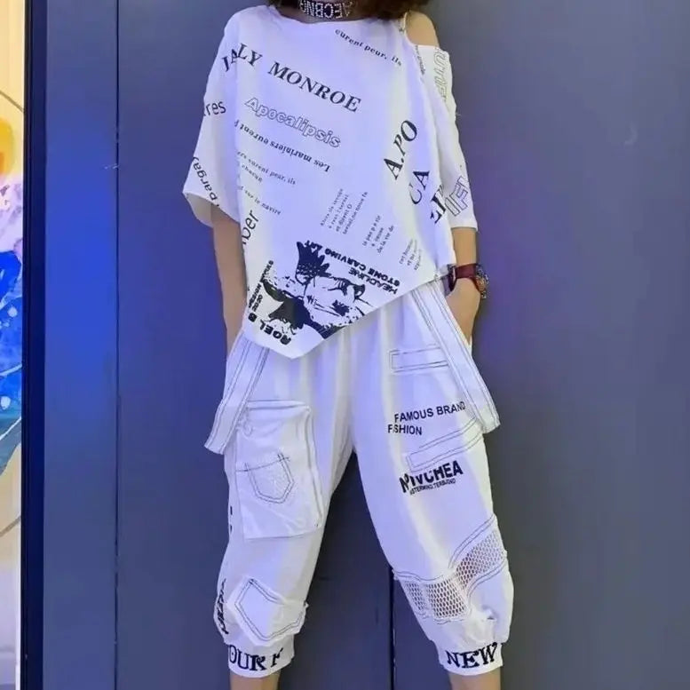 2026 Summer Womens 2 Piece Outfit Set Fashion Off Shoulder Stand Neck Short Sleeve T Shirt Tops+Casual Printed Capris Pants Suit