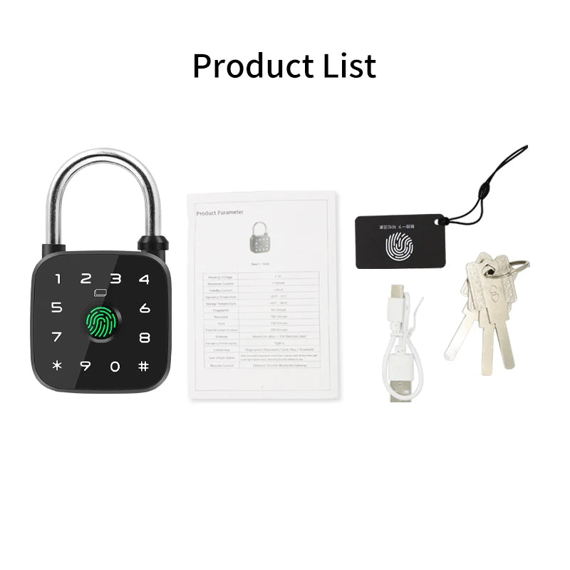 IP67 Smart Padlock Support Tuya App Fingerprint Password RFID Card Key Unlock Type-C Charging Multi-function Anti-theft Lock