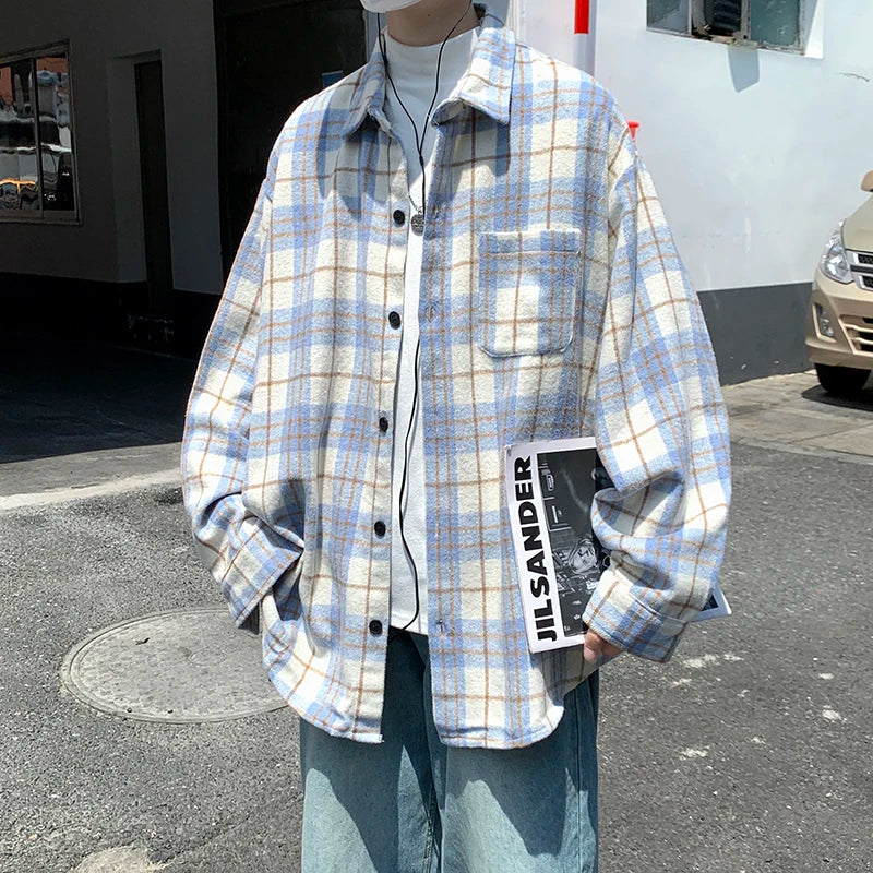 Men's Plaid Long Sleeve Shirt Loose Fit Thin Style Autumn Spring Casual Wear Sun Protection Outerwear Classic Check Pattern