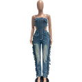 Side Tassel Holes Camisole Denim Jumpsuits Zipper Strapless Spaghetti Straps Backless Stretch Jeans Overalls Casual Streetwear