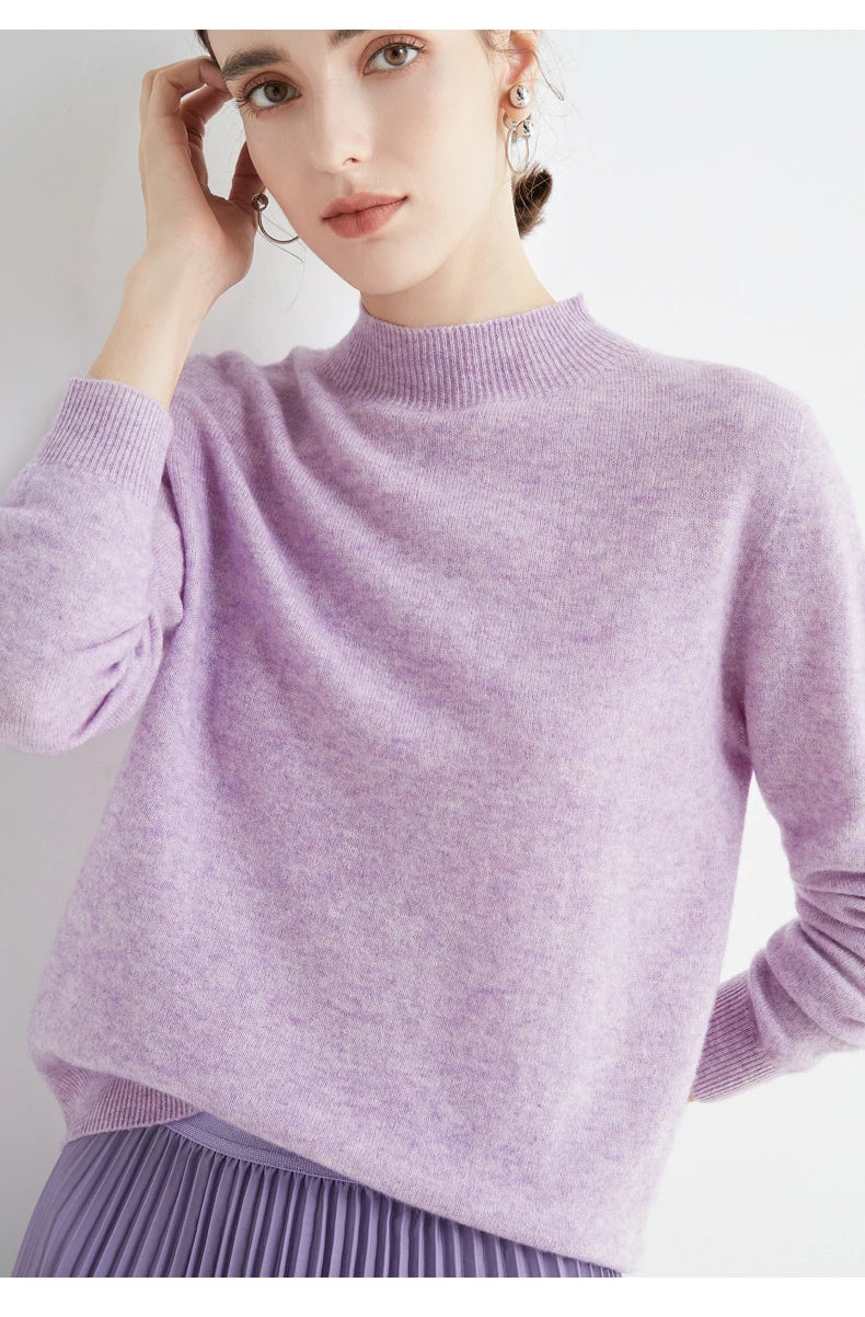 First-Line Seamless Women's Half-Turtleneck 100% Pure Wool Sweater Solid Color Long Sleeve Pullover Knitted Bottoming Sweater