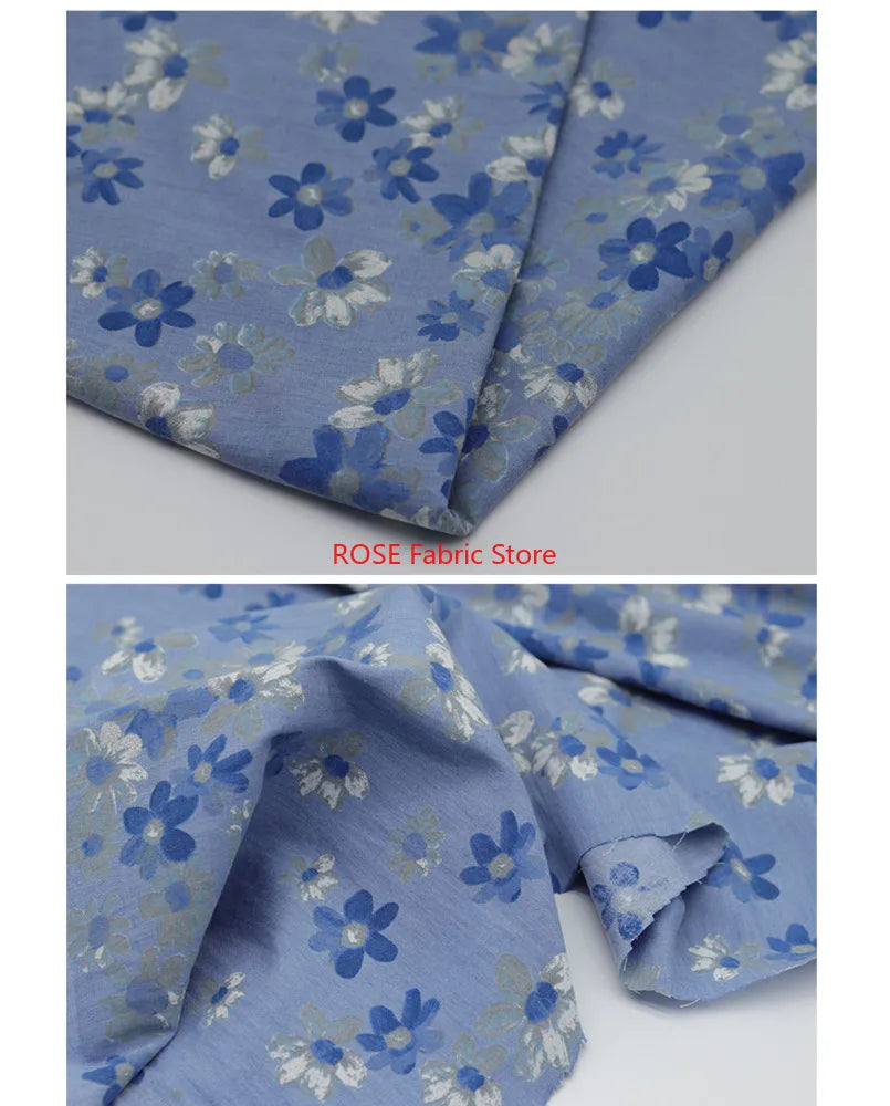 High-quality Delicate floral print denim For coats, shirts, pants, bags, DIY hand sewing, designer fabrics