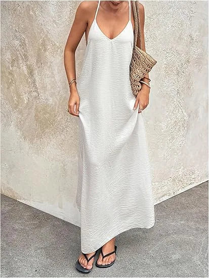 Women's New Solid Color Spaghetti Strap Deep Backless Loose Flowy Maxi Dress Elegant Comfort Casual Trendy Versatile Daily Dress