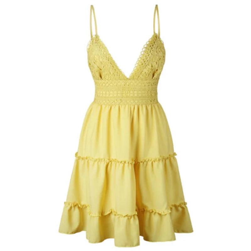 New Women Party Lace Flower Backless Mini Dress Summer Sexy Sling Spaghetti straps Deep V Neck Wedding Club Vestidos