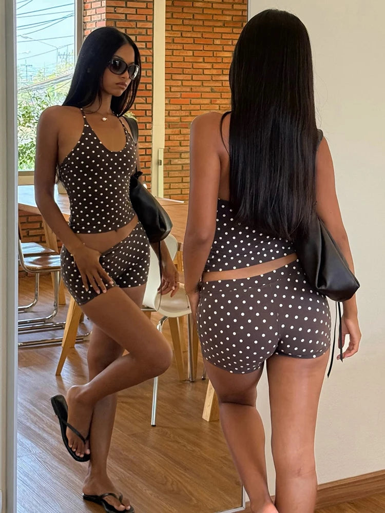 Weird Puss Polka Dot Print 2 Piece Set Women Trend Hottie Backless Halter Sleeveless Tank Top+Bike Short Fashion Street Clubwear