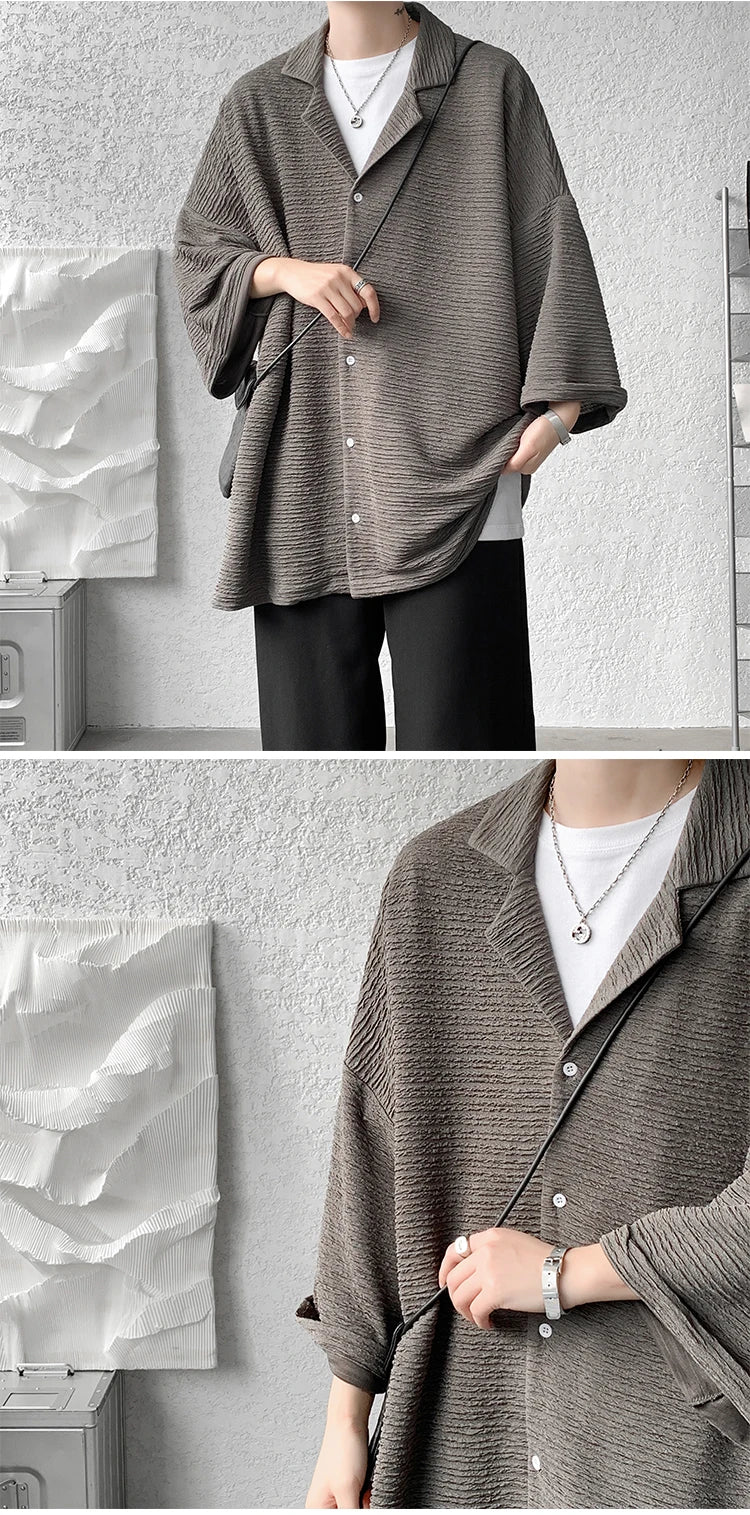 Ice Silk Shirt Men's High Quality Summer Fashion Brand ins 5-sleeve shirt loose casual masculina camisas hombre