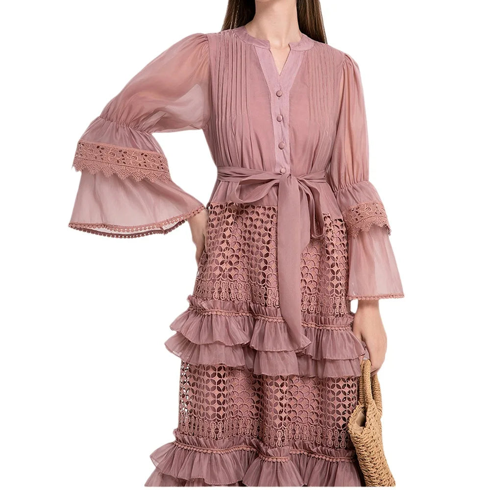 Elegant Hollow Out Lace Dress V-neck Vintage Flare Long Sleeves Chic Bandage A-line Long Dresses French High Street Clothing