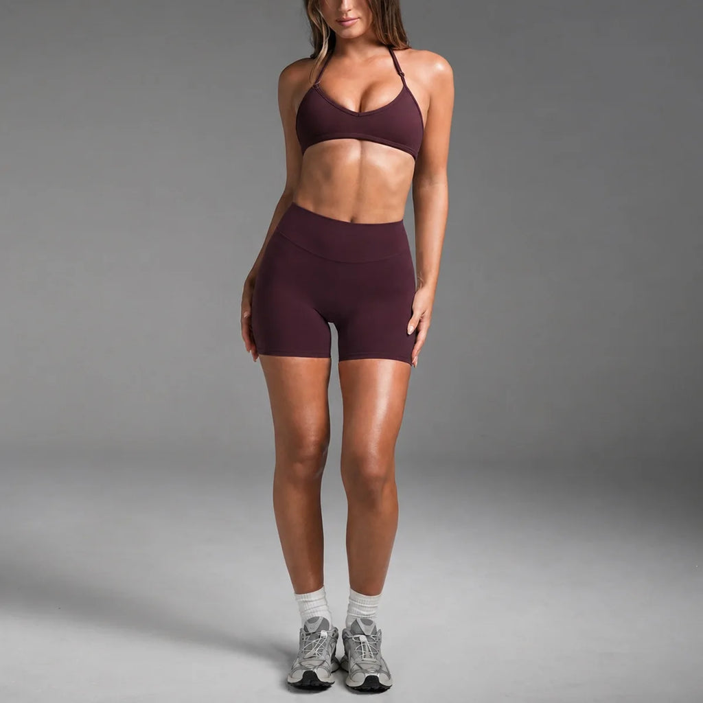 2PCS Women Yoga Set Solid Color Beautiful Back Hanging Neck Bra with Chest Pad Quick-Dry Fitness Running Shorts Yoga Set