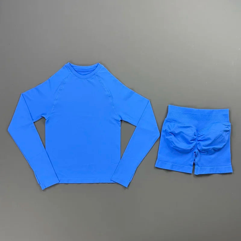 2 Piece Fitness Outfit Women Raglan Long Sleeve Crew Neck Top Hip Shaping Scrunch Shorts Stretch Soft Dance Gym Workout Set