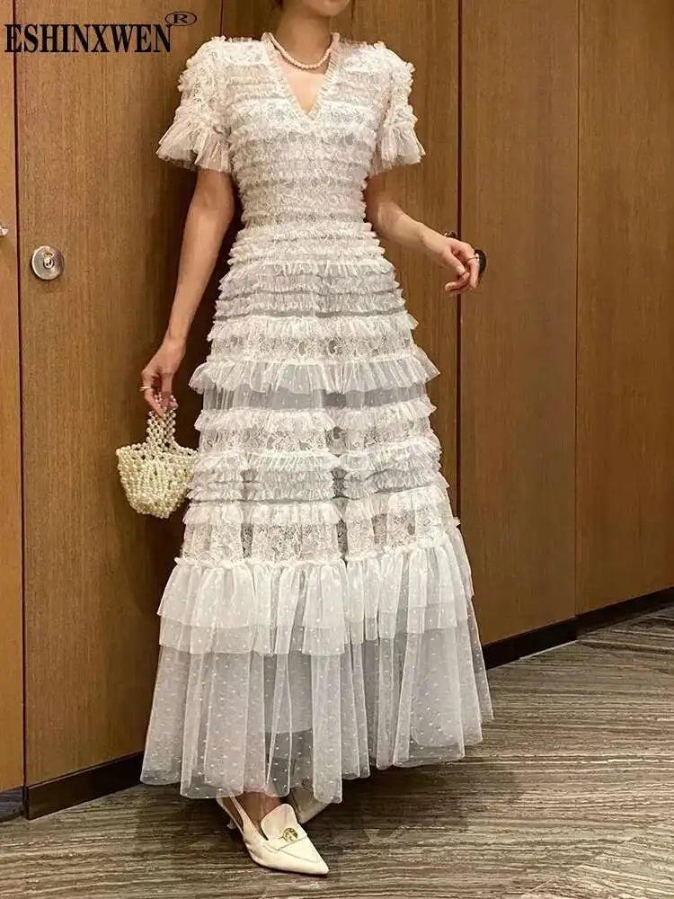 Eshin Elegant Midi Dress Short Sleeve Summer Spring New Fashion Design Women Runway Mesh Ruffles V-Neck Party High Street TH6731