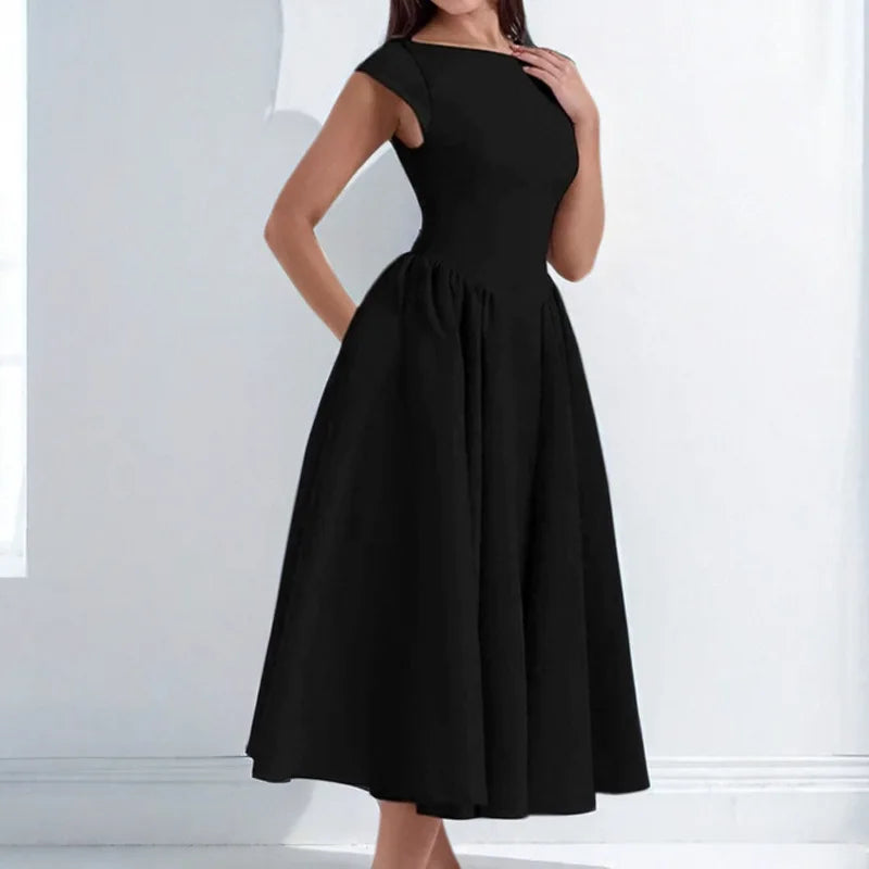 SKMY 2026 Spring French Style Sexy High Waist Slim Sleeveless Open Back Hollow Out Party Dress Solid Color A-Line Long Dresses