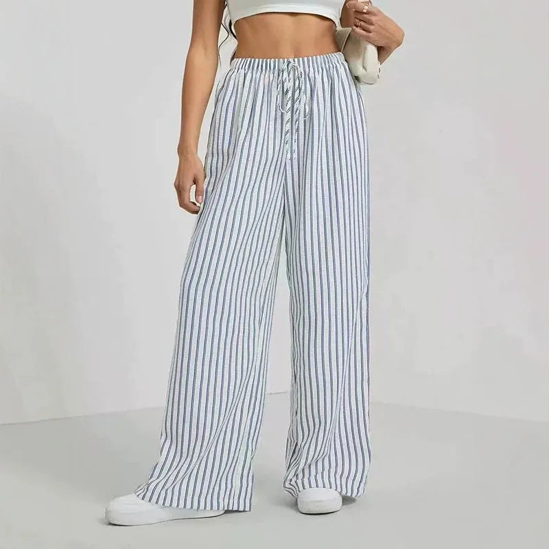 Women's Casual Striped Wide-Leg Pants   Summer Commute Fashion Drawstring Elastic Waist  Versatile Relaxed Straight Leg Trousers