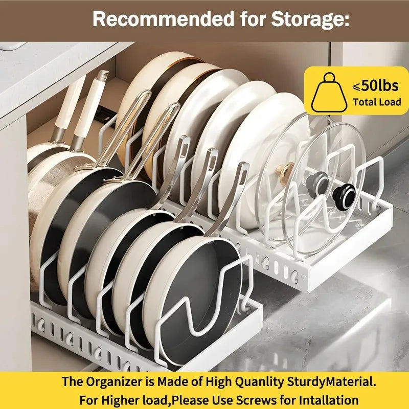 Pull-out pot rack organizer with adjustable shelves, space-saving kitchen cabinet storage