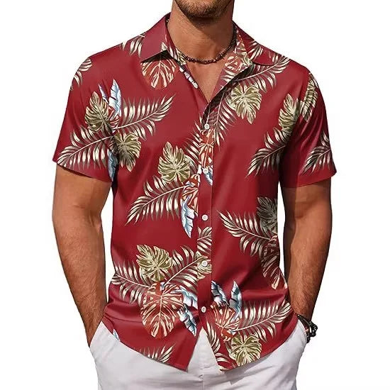 Minimally Designed Hawaiian Tropical Plant Printed Men's Quick Drying Shirt, Summer Beach Shirt