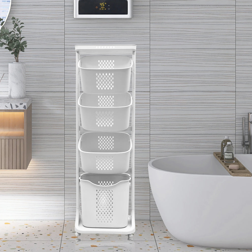 2/4 Tier Laundry Basket Cart Removable Rolling Cart Storage Buckets Plastic Hamper with 4 Wheels Organizer Portable Sort