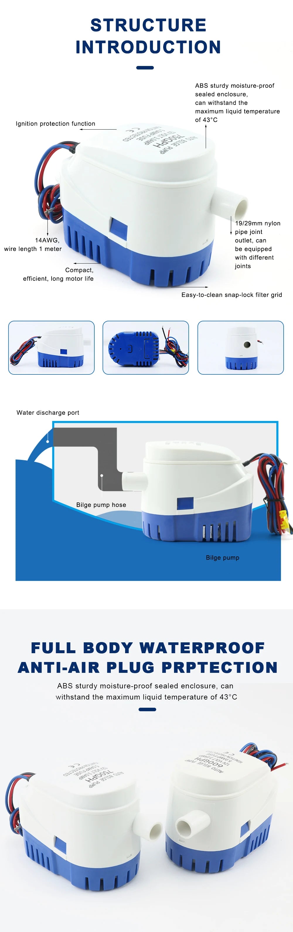 12V 24V DC Bilge Pump 600GPH 750GPH 1100GPH Automatic Boat Marine Water Pump Submersible For Yacht Boat Motor Seaplane Houseboat