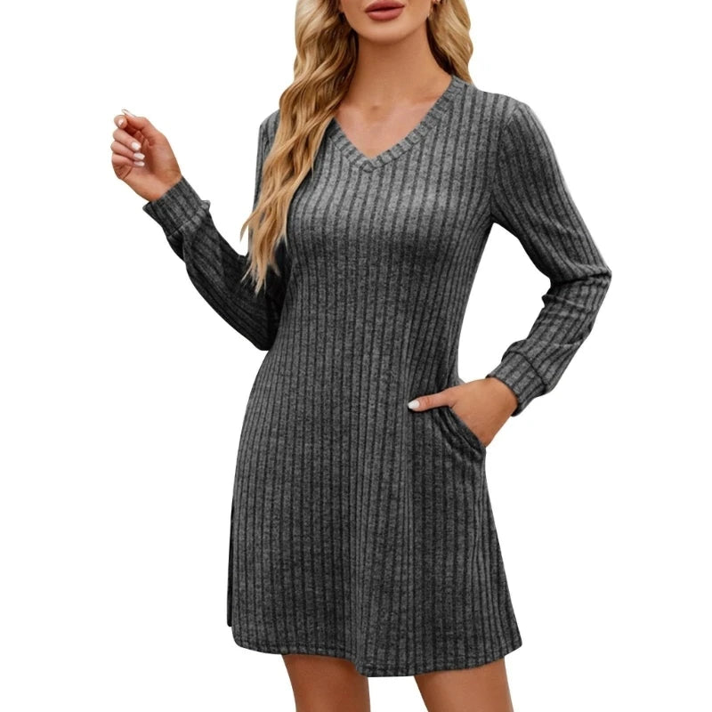Women's Autumn Ribbed Knit Sweater Casual Long Sleeve V-Neck Belted Dress Pocket Short Skirt
