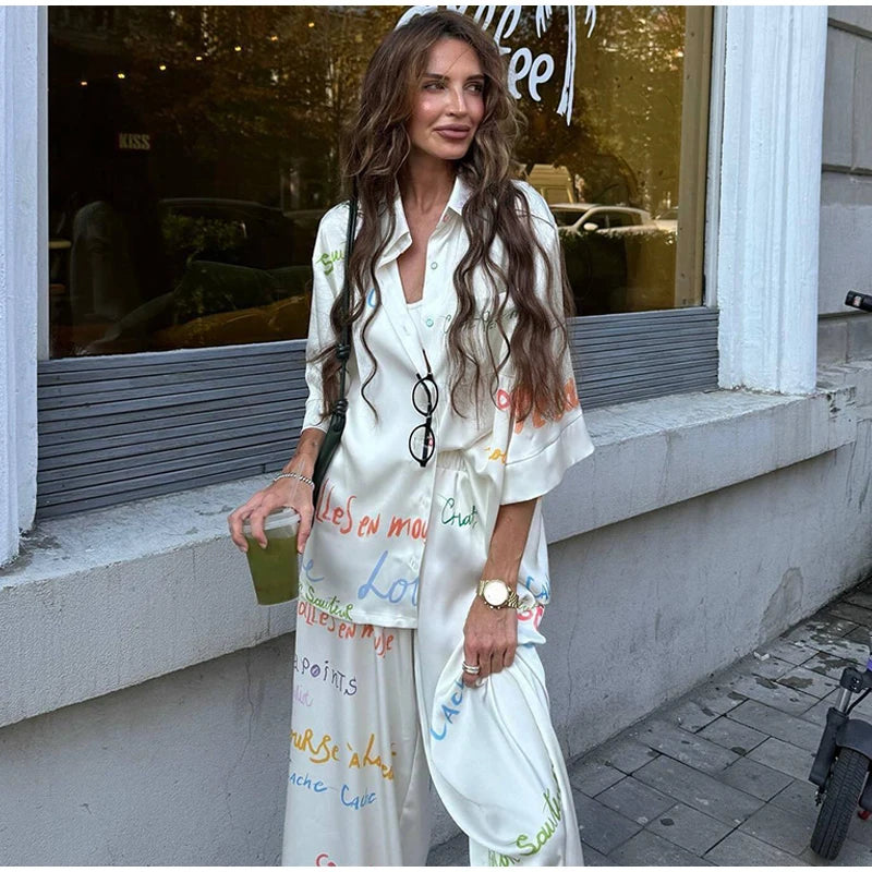 Vacation Geometric Printed Loose Pants Sets Women Lapel Full Sleeve Pocket Shirts Wide Leg Pant Suits 2026 Summer Street Outfit