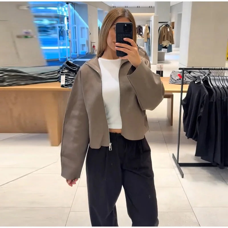 Elegant Knitted Zipper Women's Sweater Solid Full Sleeve Stand Collar Loose Open Stitch Female 2026 Fashion Autumn Outwear Lady