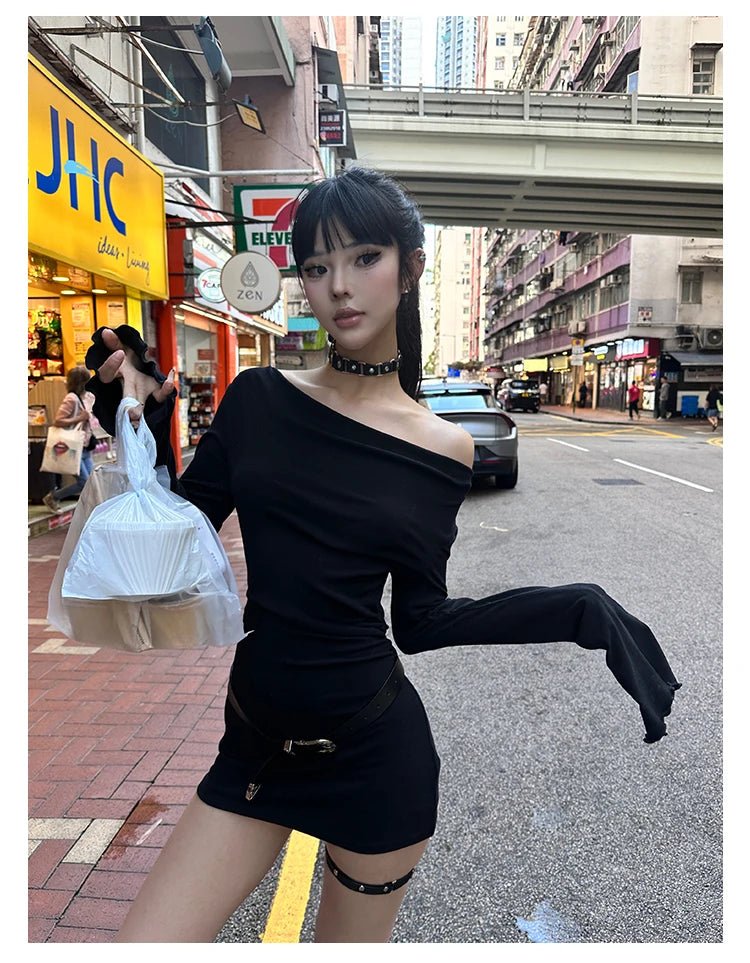 Seeslim Black Slim Sexy Mini Dress Women Long Sleeve Autumn Off Shoulder Korean Fashion 2000s Y2k Clothes Party Dresses Chic