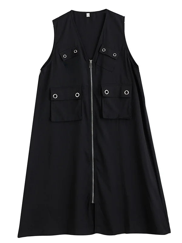 Summer 2026 Loose k Faion V-Ne Zipper Vest Dr Patchwork 3D ket Personali Dr Retro Sle Midi Skirt Dr