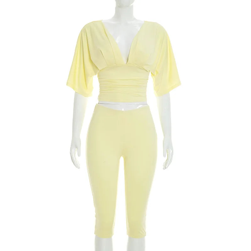 STYLISH LADY Y2K Solid Color Two Piece Set Batwing Sleeve Ruched Top Capri Pants 2026 Women Bodycon Vacation Party Outfits