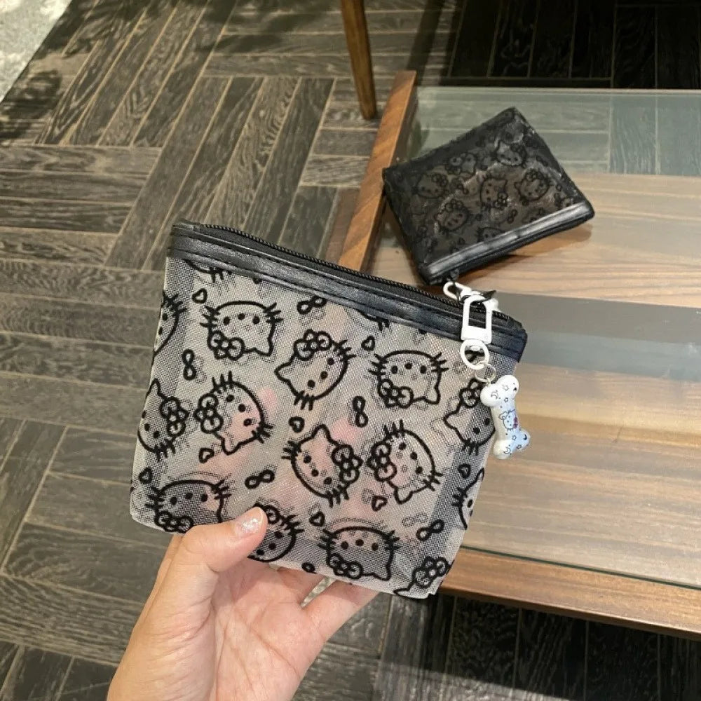 Simple touch-up bag kitty storage bag, large capacity, portable, black mesh hand makeup bag, cute and dirt-resistant