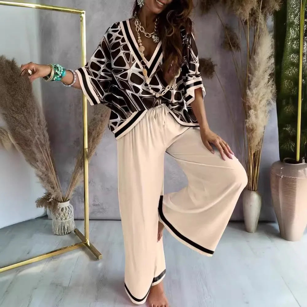 Sexy V Neck Batwing Sleeve Shirt Pants Sets For Women Spring Summer Fashion Print Blouse Trousers Two Piece Sets Femme Outfits