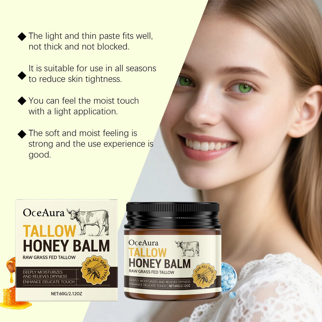 OCEAURA Organic Beef Tallow Honey Balm Lock Moisture Soften Rough Skin Smoother Texture Natural Formula Face Body Moisturizer