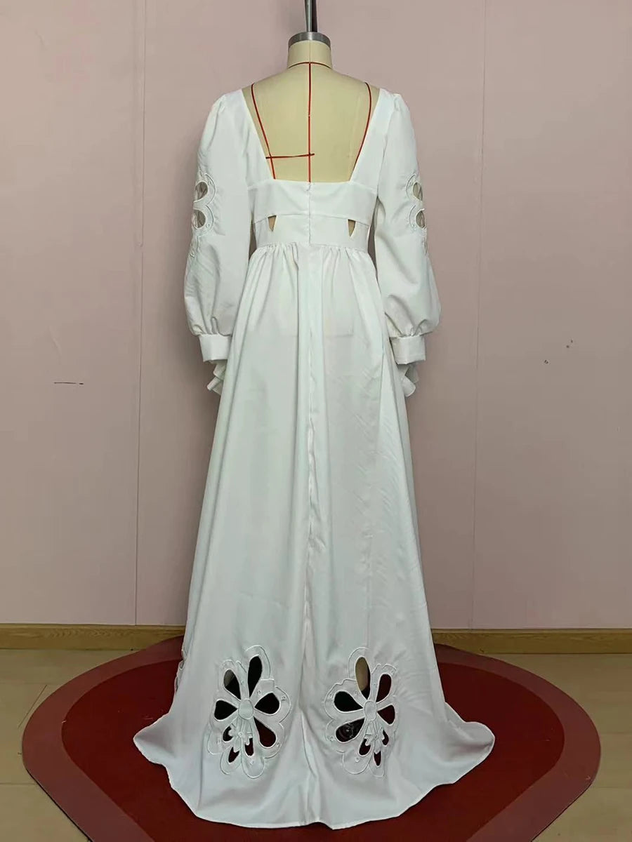VGH Fashion Style White Cutout Floral Accent Gown for Women Square Collar Puff Sleeve Asymmetric Train Skirt for Beach Elopement