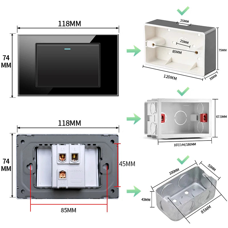 PSSRISE AU EU Brazil Italy US Standard 1/2/3/4/5/6 Gang 2 Way Wall light switch Tempered glass Panel Switch 118*74mm AC110-250V