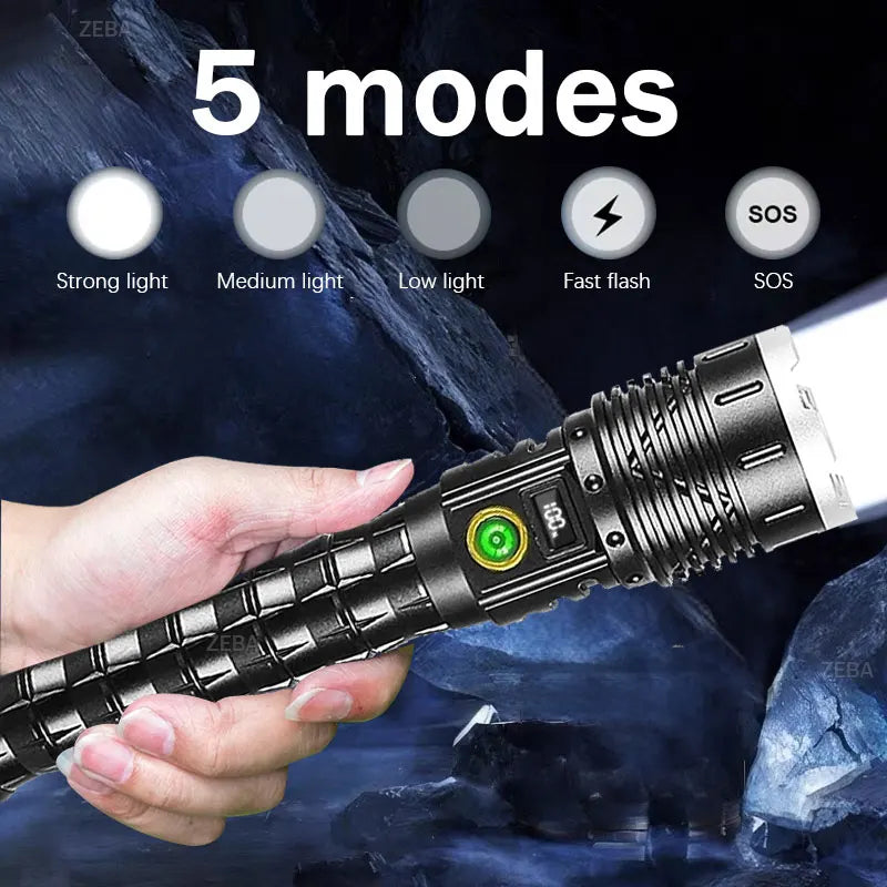 10000000lm Most Powerful Led Flashlight Rechargeable Type-c Flashlight Long Range 2000m Tactical Torch Light For Camping Hunting