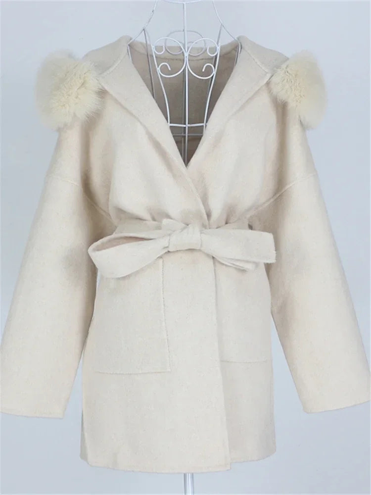 Real Fur Wool Outerwear Wool Blends Coat Natural Fox Fur Collar Hooded Cashmere Winter Jacket for Women Streetwear High Street