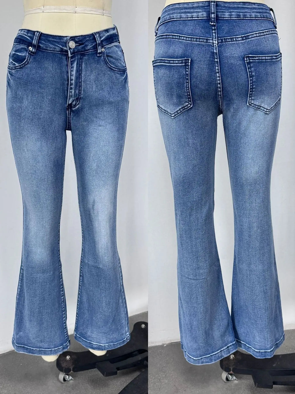 Women Washed Jeans Flare Pants Denim Mid Waist Slim Fit Pockets Button Solid Vintage Full Length Casual Denims Trousers