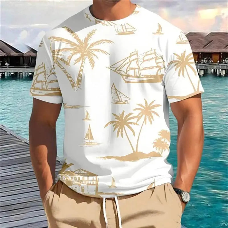 2025 Summer New Men's Short-sleeved Top Palm Tree Print T-shirt Fashion Vacation Beach Casual Pattern