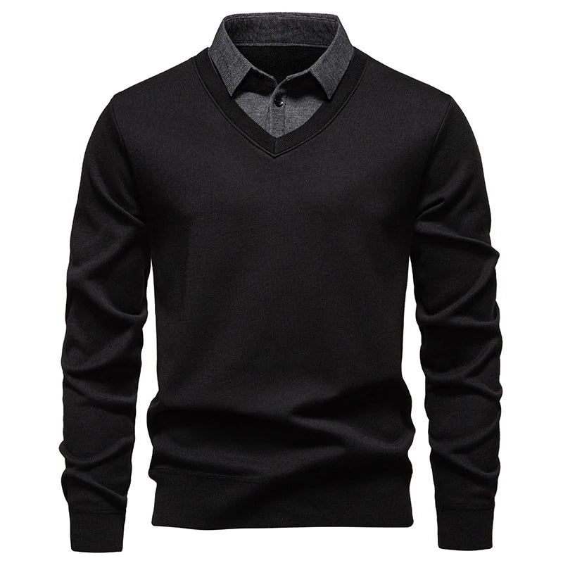Autumn Winter Men's Fake Two-Piece Knitted Pullovers Fashion Slim Fit Turn Down Collar Knit Sweater Men Fleece Warm Pullovers