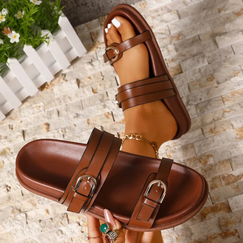 Women Double Buckle Slide Sandals Four-Season Metal Buckles Soft Comfortable Walking Shoes Outdoor Flats Ladies Slippers Sandals