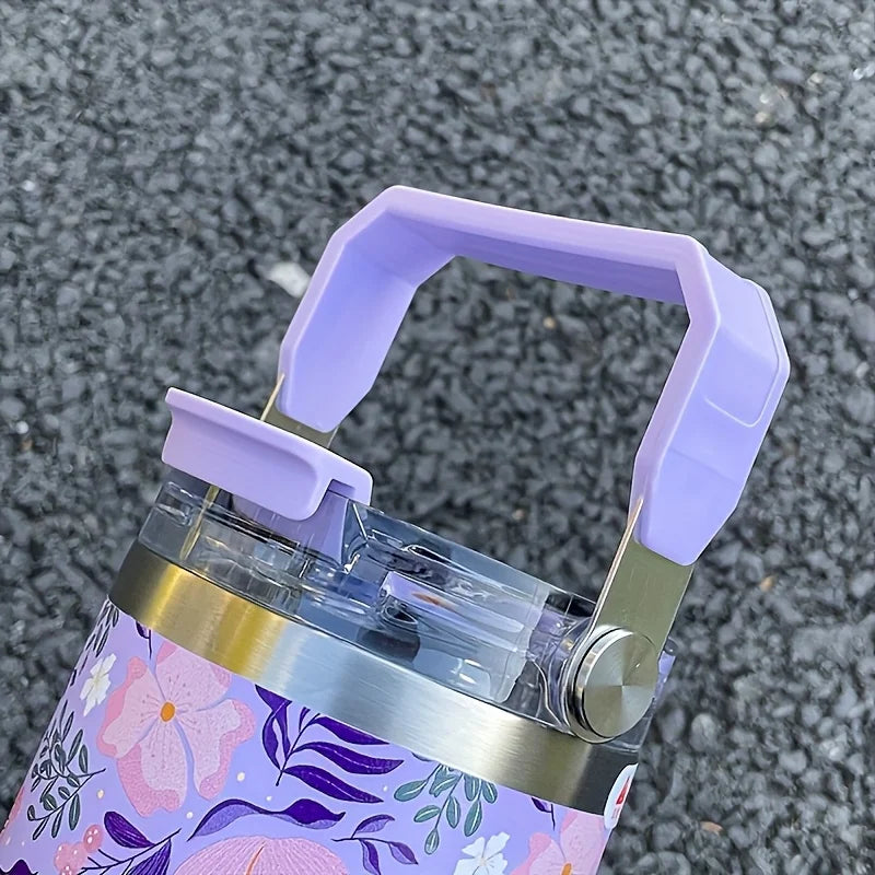 1pc Lightweight Luxury Floral Stainless Steel Thermos Flask 900ML Large Capacity Outdoor Water Bottle with Straw and Handle