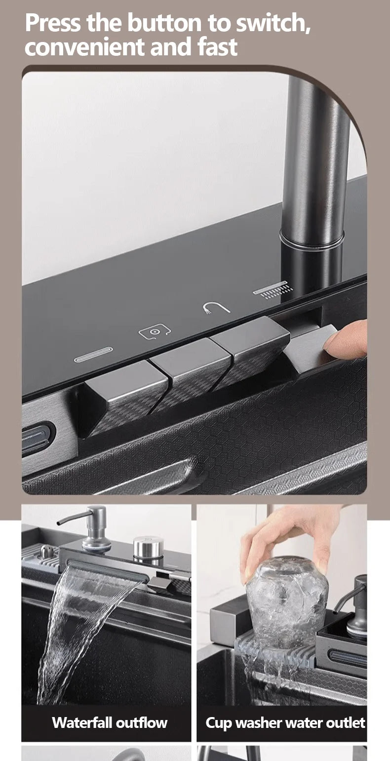 304 Sink Key Digital Display Waterfall Rain Sink Stainless Steel Large Single Trough Hand Basin Washing Dishes Under The Basin