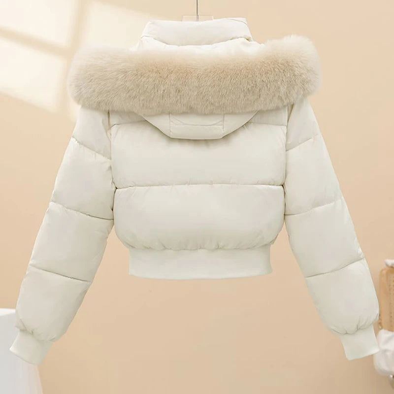 Korean Faux Fur Trim Hooded Puffer Coat Outerwear Women Black Cropped Zip Pocket Rib Hem Loose Short Warm Winter Jacket